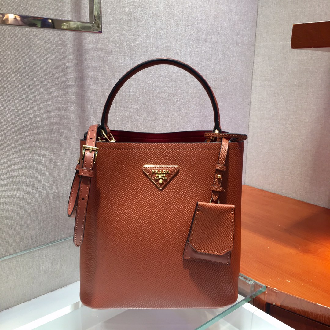 Prada Medium Panier Saffiano Leather Bag Caramel/Red 1BA212